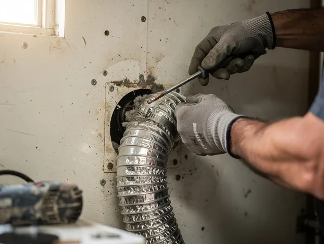 Willoughby Dryer Vent Cleaning technician performing precise dryer vent hose installation in Willoughby